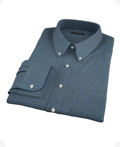 Navy Yellow Tartan Fitted Dress Shirt 