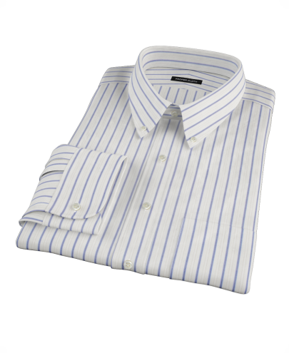 Blue and Brown Satin Stripe Fitted Dress Shirt 