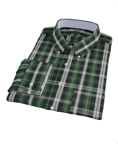 Green Navy Plaid Check Fitted Dress Shirt 