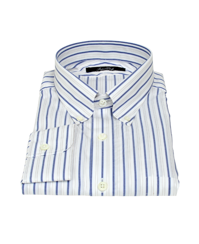 Blue and Brown Satin Stripe Fitted Dress Shirt 