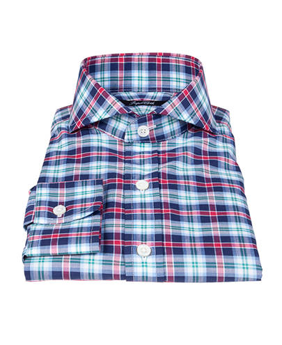 Blue Red and Green Plaid Fitted Dress Shirt 