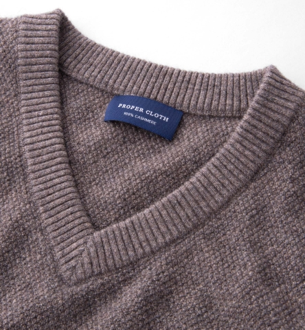 Mocha Cobble Stitch Cashmere V-Neck Sweater by Proper Cloth