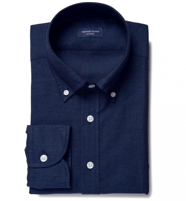 Navy Cotton and Linen Oxford Fitted Dress Shirt by Proper Cloth