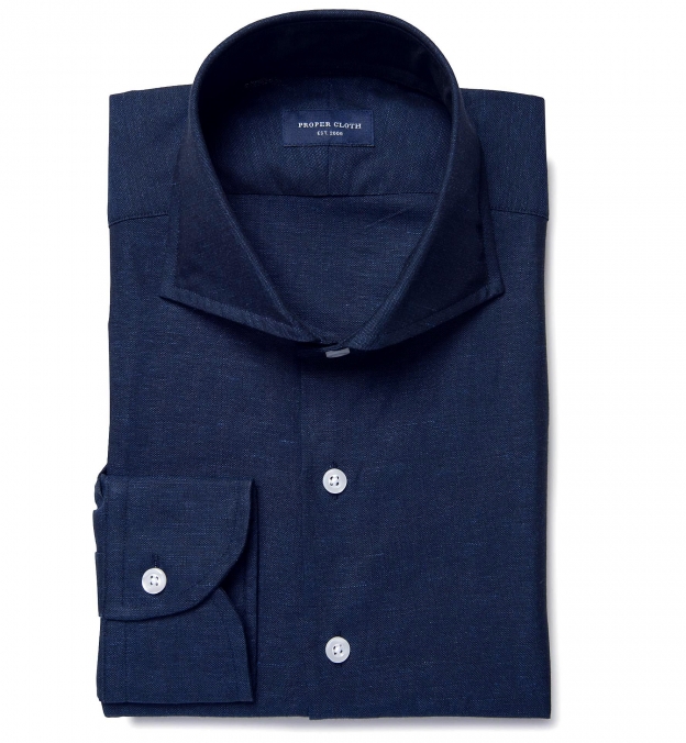 Navy Cotton and Linen Oxford Fitted Dress Shirt by Proper Cloth